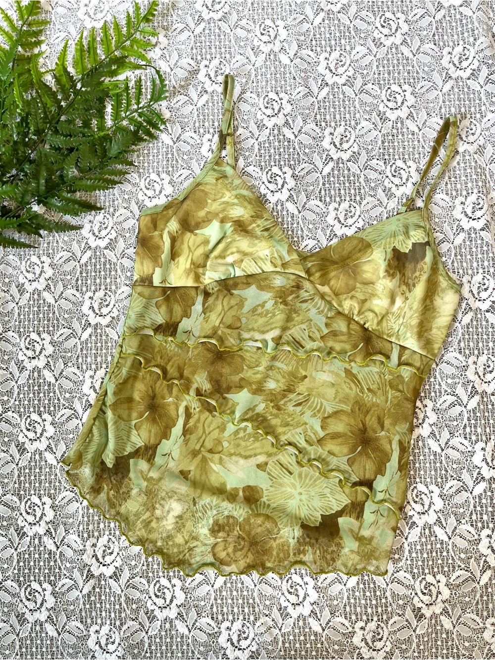 Green Floral Asymmetrical Frilly Tank Top